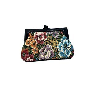 Vintage Tapestry Coin Purse Made in Hong Kong Black Frame Floral Colorful Fabric